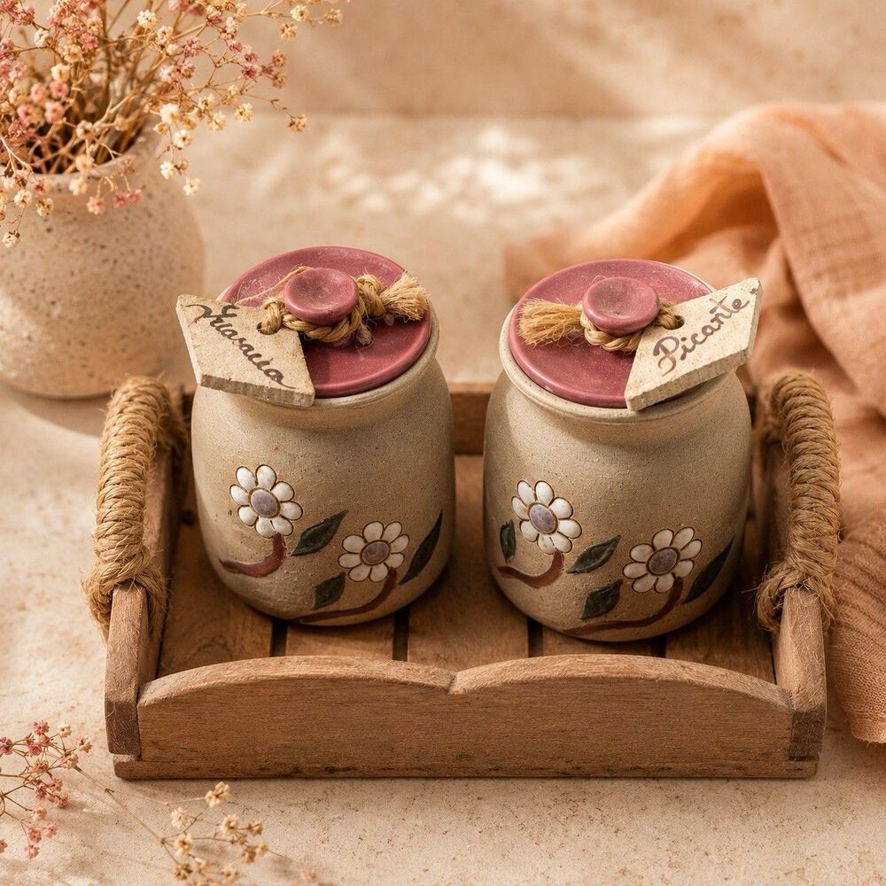 Handmade Pottery Picante & Guasacaca Jar Set w Wooden Tray Rustic Vintage